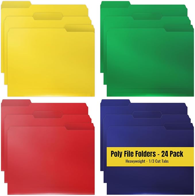 Better Office Products Heavyweight Poly File Folders, 1/3 Cut, Top Tab, 24 Per Box, Letter Size, Assorted Colors-Red, Blue, Yellow Green, 24 per Box