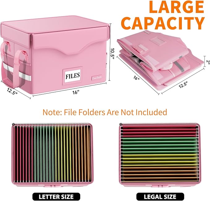 DocSafe 5200°F Fireproof Document Box with Lock,Heat Insulated File Organizer Storage with Pockets,Collapsible Portable Home Office File Safe Box with Handle for Hanging Letter/Legal Folders, Pink