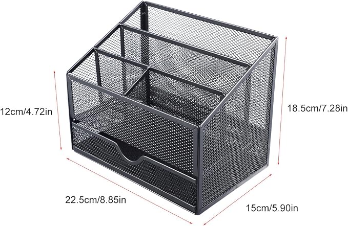 Desk Organiser, Metal Mesh with Removable Drawer, for Office Supplies, Books, Stationery and Desktop Storage, Black