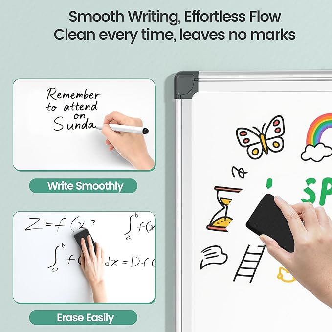 Magnetic White Board 36" x 24" for Wall, Dry Erase Board for Home Office, School, Study Room – Silver Aluminum Frame, 2 Markers, 4 Magnets, Eraser Included