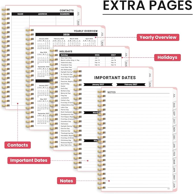 2026–2027 Academic Planner, Weekly and Monthly Planner for Women, July 2026 - June 2027, Pretty Hardcover 2026–2027 Academic Planner with Tabs, Inner Pocket, Spiral Bound, Perfect Office Home School Supplies - 6.3" x 8.5", Ribbon Wreath