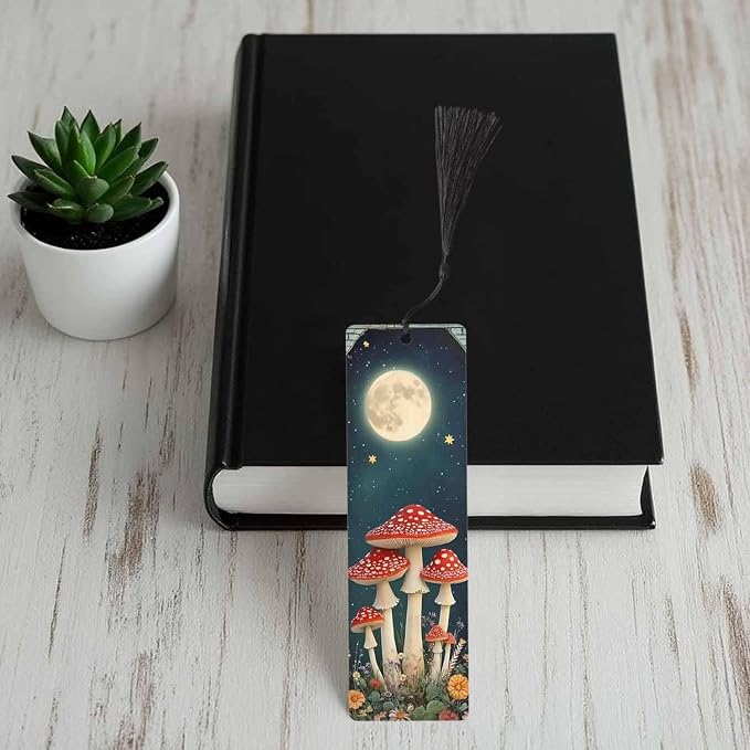 Mushroom Bookmarks 5 Pcs Moon Night Star Flower Wooden Bookmark with Tassels for Reading Book Lovers Gift Office School Readers Teacher