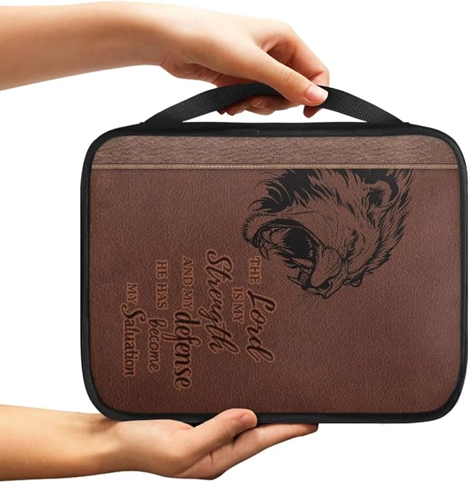 Lion Print Bible Case for Women Men,Brown Bible Holder Case Portable Canvas Church Bag