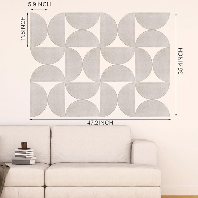 Mindsoft 24 Pack Decorative Bulletin Board Felt Wall Tiles Bulk 11.8"x5.9" Semi-Circle Large Wall Art with Removable Adhesive Tabs for Customizable DIY Home Office Decoration Gift (White)