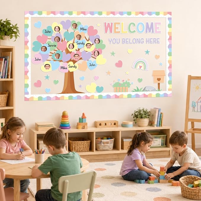 85pcs Pastel Classroom Tree Bulletin Board Heart DIY Photo Name Tags Crafts Cutouts Back to School Rainbow Accents You Belong Here Welcome Classroom Decor for Nursery Elementary Chalkboard Wall Decor