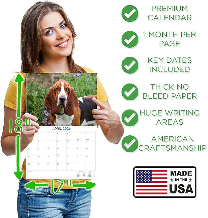2025 2026 Basset Hound Calendar - Dog Breed Monthly Wall Calendar - 12" x 18" Open - Thick No-Bleed Paper - Giftable - Academic Teacher's Planner Calendar Organizing & Planning - Made in USA