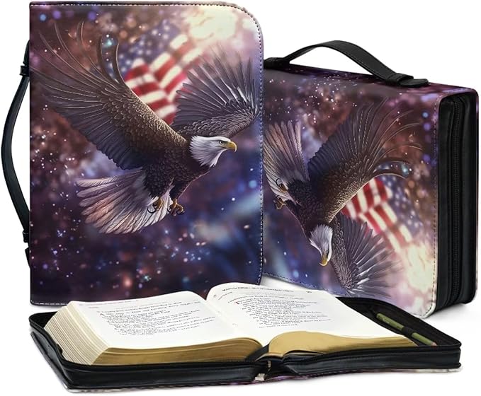 Bible Cover Bible Case Women Men Bible Bag with Bookmark Bible Carrying Case for Bible Study,Bald Eagle and American Flag,Large