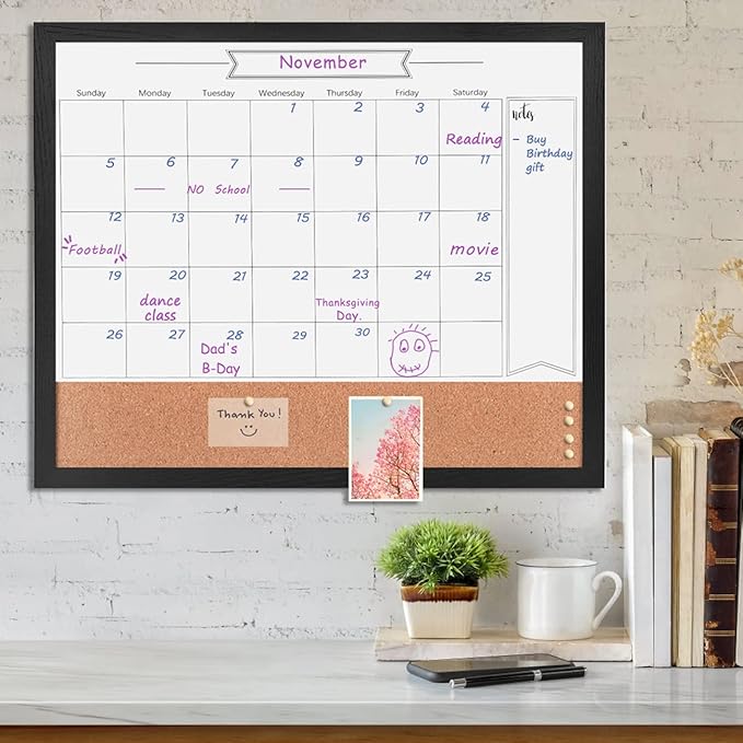 Dry Erase Calendar Whiteboard for Wall, Combination Magnetic Dry Erase White Board & Bulletin Board, 17.7" x 21.6" Black Wood Framed Calendar/Cork Combo Board(BK-4555)