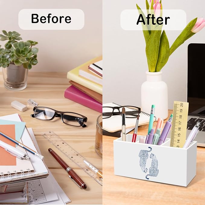 Blue Leopards Pen Pencil Holder for Desk, Trendy Cheetahs Office Desk Accessories, Preppy Leopard Pen Holders Organizer for Office Classroom Bathroom