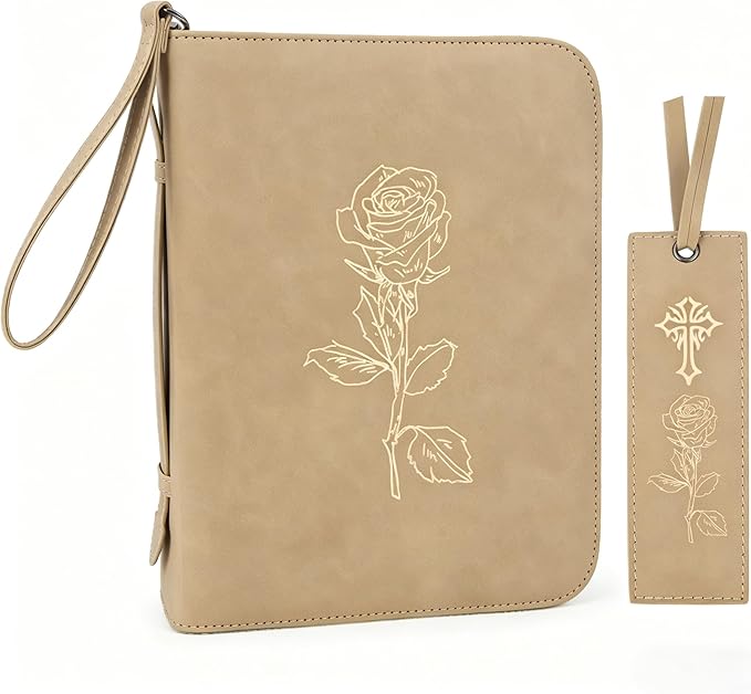 Leather Bible Cover for Woman & Men, Women’s Bible Case with Rose Bookmark Supplies-Girls Carrying Bag Tote with Strap, Personal Size Book Organizer for Journaling Bible-Khaki