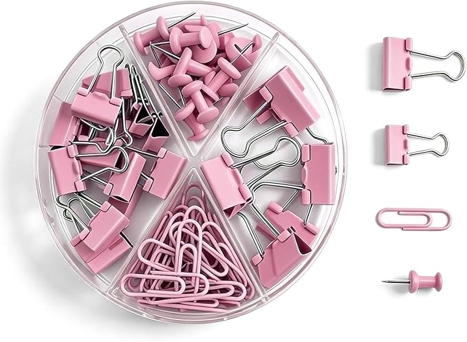 4-in-1 Office Supplies Kit, Assorted Desk Accessories Organizer Set with Binder Clips, Paper Clips & Push Pins, Aesthetic Stationery Fasteners for School College Dorm Home Office Decor - Pink