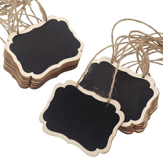 20 Pack Chalkboard Tags with Hanging String, Double Sided Blackboard Wooden Mini Chalkboard Signs, Erasable Message Board Signs for Wedding or Party Decorations, Food Tags