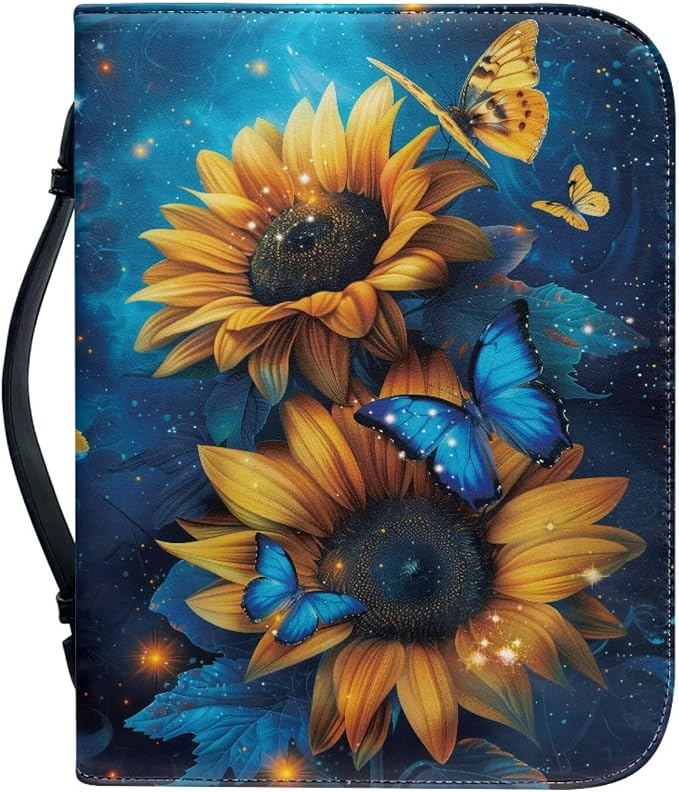 Sunflower Bible Bag Blue Butterfly Bible Cover Case Women Girls Bible Protective with Detachable Shoulder Strap & Zippered Pocket Size：M