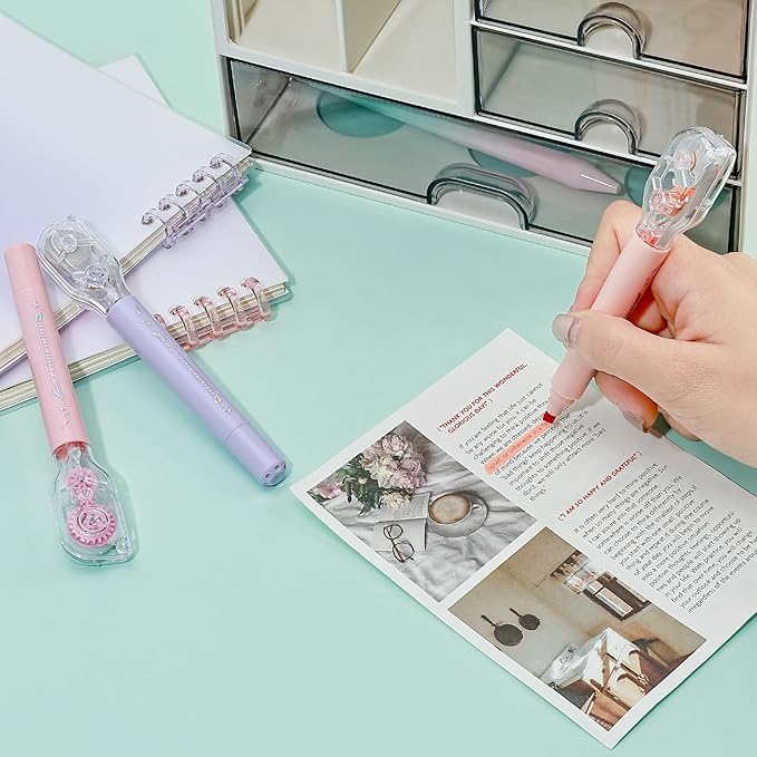 Temiary 3 Pcs 2 In 1 Aesthetic White Correction Tape and Pastel Highlighters Set, Smooth Pull Out Tape with Highlighter Pen for Bible Journaling School, Home, and Office Supplies (Morandi)