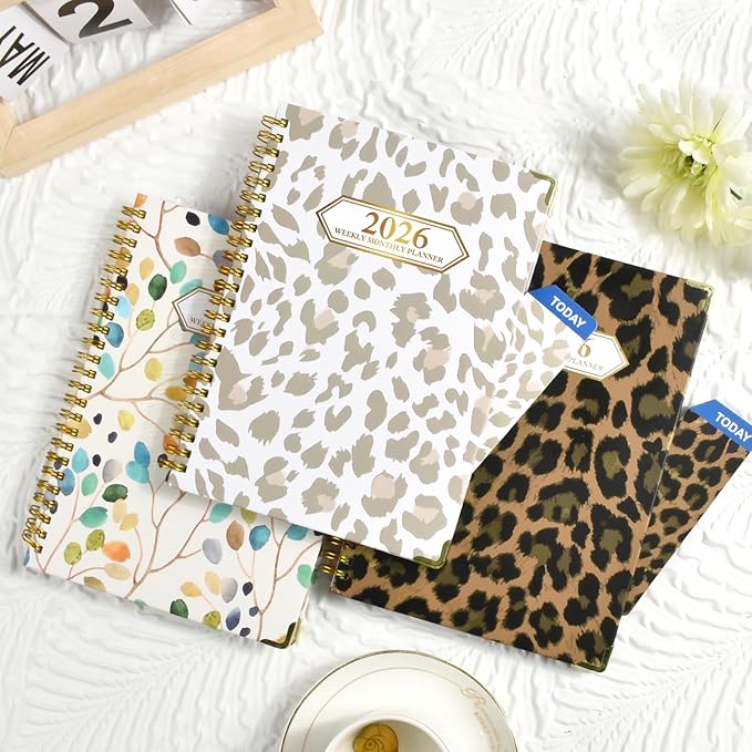 2026 Planner, Jan.2026 - Dec.2026 Planner Weekly and Monthly 6.25"x8.5" with with Page Tabs, Calendar Hardcover with Inner Pocket, Elastic Band, Twin-Wire Binding, Bookmark, Gray Pink Leopard