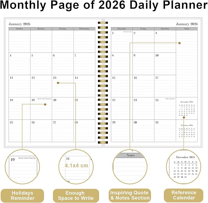 2026 Daily & Monthly Planner Calendar - Daily Planner Calendar One Page Per Day from January 2026 to December 2026, Flexible Cover, 7" x 10", Storage Pocket, Colorful Large Flower