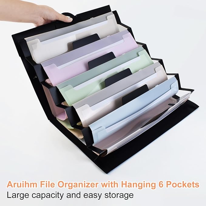 Wall File Organizer 6 Pocket, Hanging Wall File Organiser for Classrooms and Offices, 6 Removable File Folders Classrom Organization and Storage Black