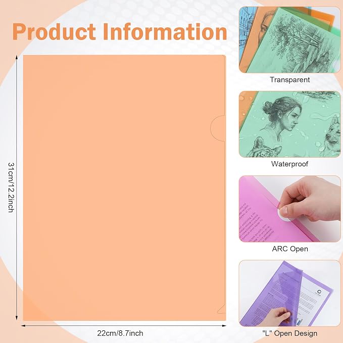 Fainne 100 Pcs Plastic Document Folders Clear File Folders Plastic Pockets Sleeves Letter Size 8.7 x 12.2 Inches A4 Assorted Colors for Office Supplies (Stylish Color)