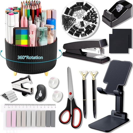 Office Supplies,Black Desk Accessories,Desk Organizer,Phone Stand,Scissors,Stapler,Tape Dispenser,Binder Clips,Staples,Staple Remover,Sticky Notes,Index Tabs,Clear Tape,Mini Box Cutter,Cool Pen.16pcs