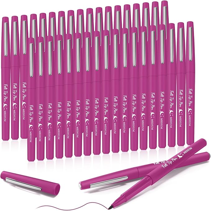 Fuyoooo 36 Pcs Pink Felt Tip Pens 0.7mm Medium Point Felt Tip Marker Pens Bulk, No Smear, Quick Dry for Journaling Planner Writing Note-taking Art Office and School Supplies