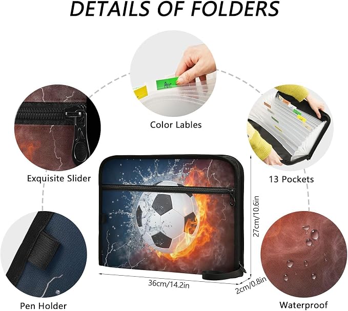 Expanding File Folder Soccer Water Fire Football Accordion File Organizer 13 Pockets Document Organizer with Zipper Labels A4 Letter Office Storage