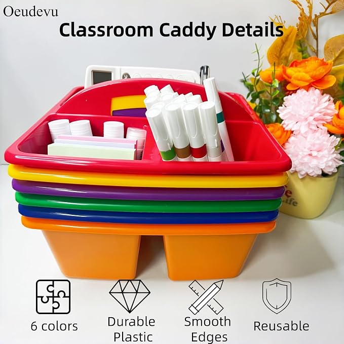 6 Pack Classroom Caddy with Handle, Plastic Storage Caddy Organizer with 3 Compartments, Desk Caddies Portable Storage Bin for Pencil, Crayon, Marker, Home, Office, Classroom Supply, Rainbow Colors