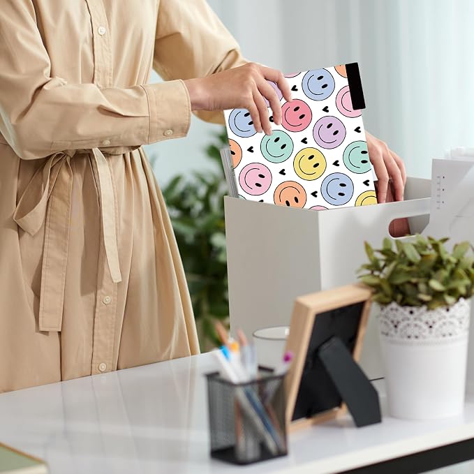 JarThenaAMCS 12 Pcs Boho Happy Face File Folders Letter Size 1/3 Cut Tab Pastel Smile Face Heart Decorative File Pockets for Back to School Filing Cabinet Office Home Classroom Supplies, 8.5 x 11 Inch
