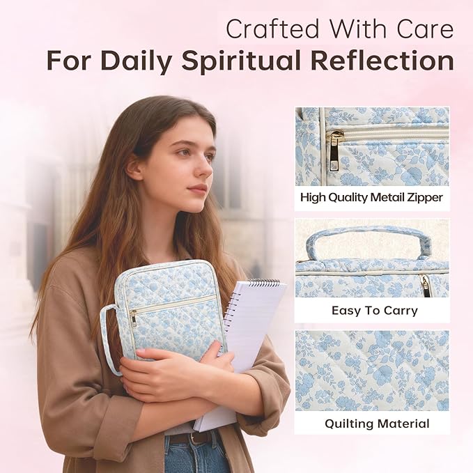 Bible Cover Case for Women Large Bible Cover Bag Quilted Bible Carrying Case for Girls Bible Study Supplies Accessories Christian Gifts for Women (Small Blue Floral, Large)