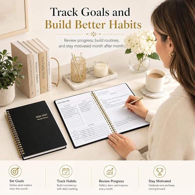 Monthly Planner 2026-2027, Jan 2026 - Dec 2027, 2 Year Calendar Planner, 7.5" x 10" Spiral Bound Monthly Agenda with Goals, To Do List, Habit Tracker & Notes Pages for School Office Home
