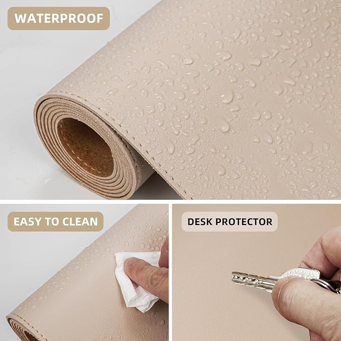 AFIING Leather Desk Mat, Beige, 31.5" x 17",Desk pad Protector | Dual-Sided Cork & PU Leather, Large Mouse Pad, Non-Slip & Waterproof