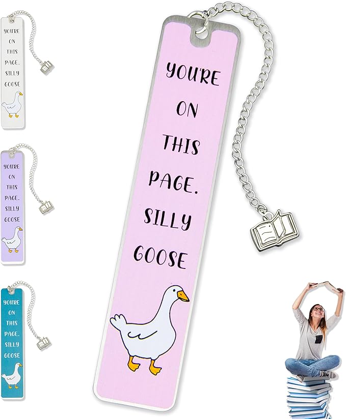 Silly Goose Bookmark, Cute Funny Bookmarks for Women Metal Book Mark Pink Bookworm Bookmark Bookish Accessories Cool Gifts for Book Lovers Reading Club Christmas Birthday Present (Blush Pink)