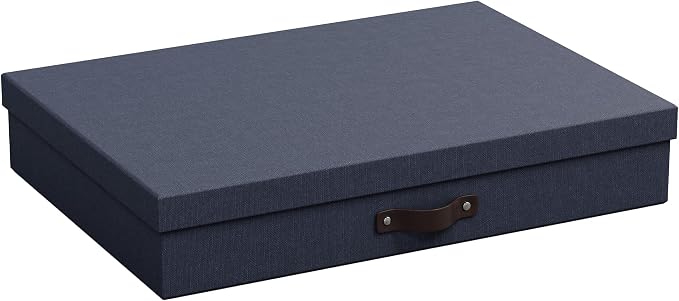 Bigso Sverker Canvas Fiberboard Legal and Art Storage Box | Scrapbook Storage Box for Loose Papers and More | Durable Document Boxes with Lid and Leather Handle | 17.1’’ x 12.2’’ x 3.3’’ | Blue
