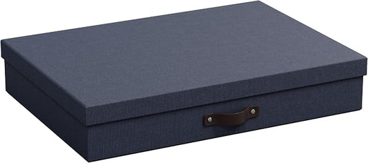Bigso Sverker Canvas Fiberboard Legal and Art Storage Box | Scrapbook Storage Box for Loose Papers and More | Durable Document Boxes with Lid and Leather Handle | 17.1’’ x 12.2’’ x 3.3’’ | Blue