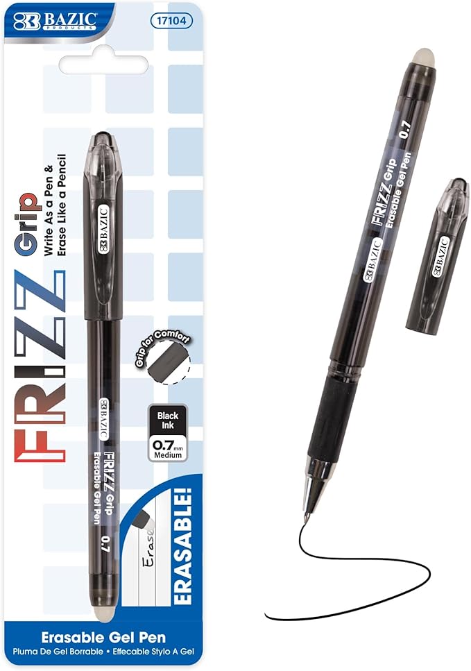 BAZIC PRODUCTS Frizz Erasable Gel Pens, 0.7mm Medium Point, Black Ink, Comfort Grip for Smooth Writing Drawing Planner, 24-Pack