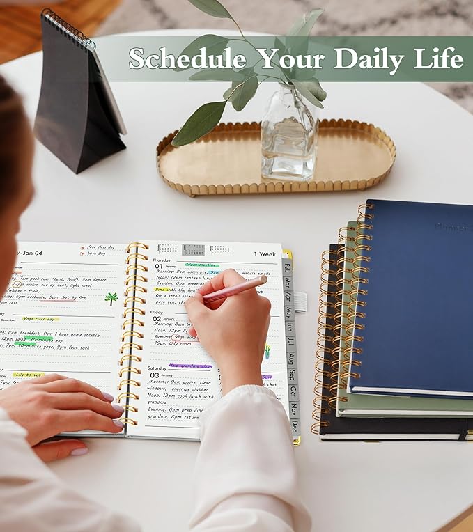2026 Planner, Hardcover Leather Weekly and Monthly Planner, January 2026 - December 2026, Spiral Yearly Agenda Organizer Book 2026 with Tabs, Daily Calendar Planners for School Work Home, A5 (5.75" x 8.38"), White