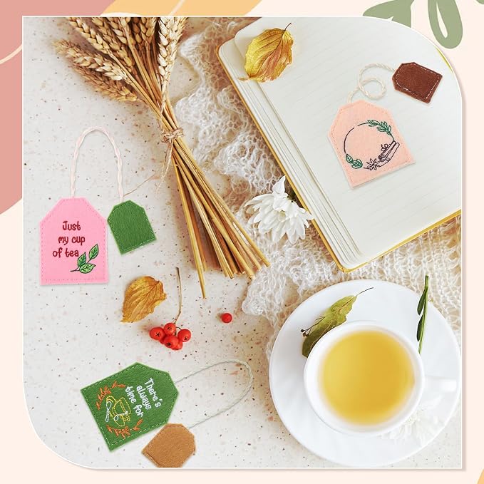 Honoson 6 Pcs Simple Tea Bag Bookmarks Tea Party Favors Garden Design Christmas Gift Bookmarks Cute Hand Embroidered for Women Mom Mother's Day Book Reading Lovers Gift