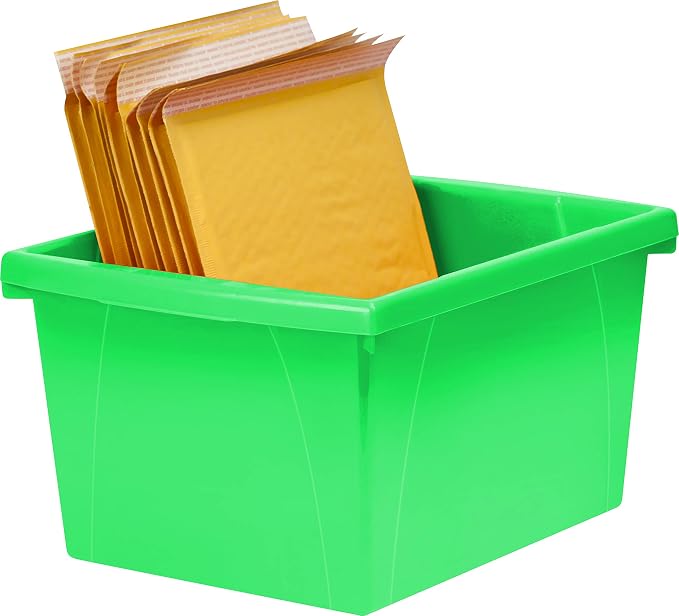 Storex 4 Gallon Storage Bin – Plastic Classroom Organizer for Books and Supplies, Green, 6-Pack (61480C06C)