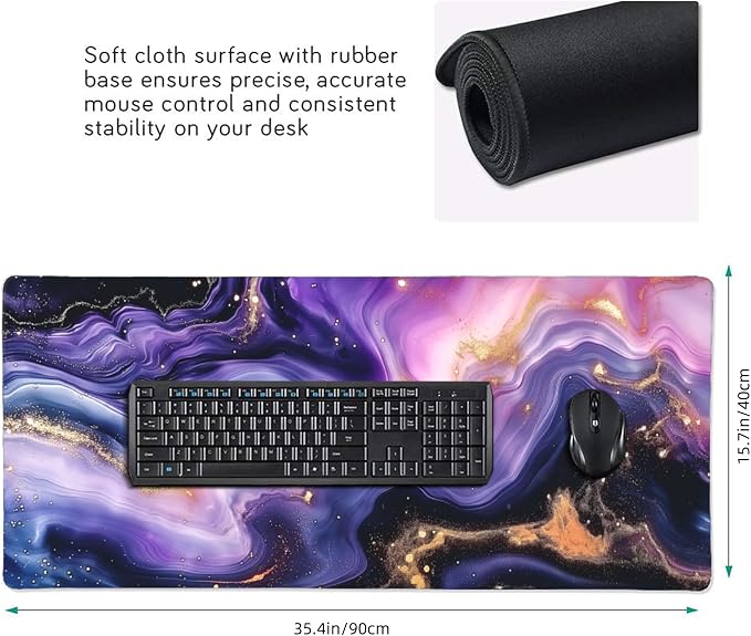 35.4" x 15.7" Purple Gold Marble Galaxy Extended Mouse Pad, Desk Mat with Non-Slip Base, Water Resistant for Gaming & Office