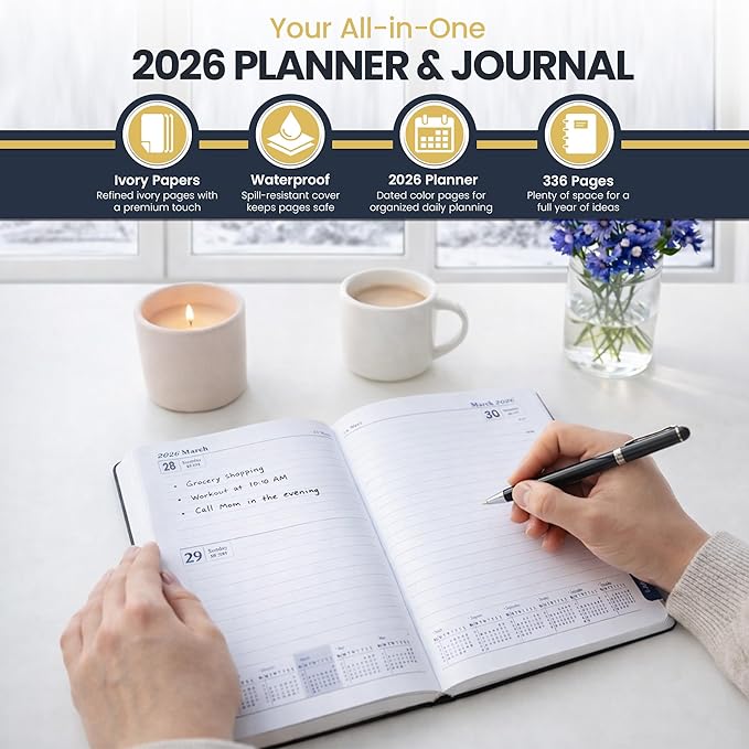 2026 Diary : A5 PU Leather 2026 Planner & Journal with Gift Box, Gold Foil Date, 336 Ivory Pages