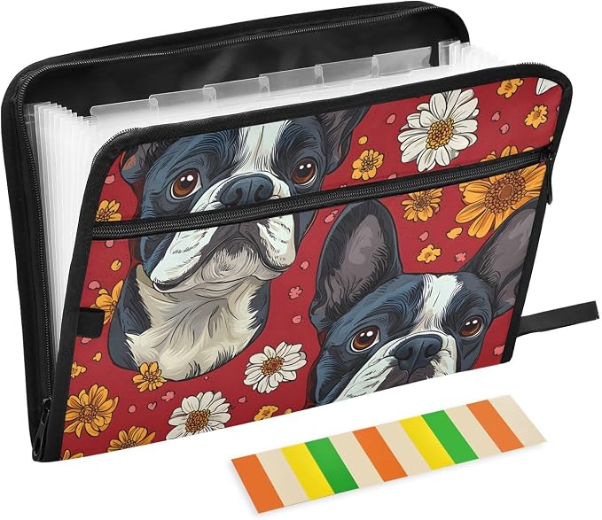 Purple Butterfly Grass Boston Terrier Dog Daisy Expanding File Folder Accordion File Organizer 13 Pockets Document Organizer with Zipper Labels Office Storage for Letter A4