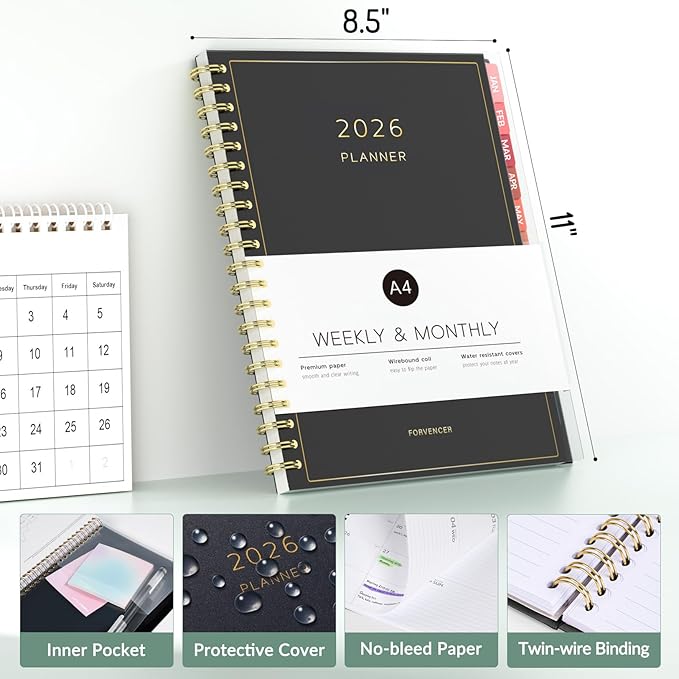 2026 Planner, Forvencer Calendar Planner Weekly and Monthly (Jan 2026-Dec 2026), 8.5" X 11", Agenda Book, Daily Journal Notebook with Tabs, Flexible Cover, Home School Organizer, A4, Pink