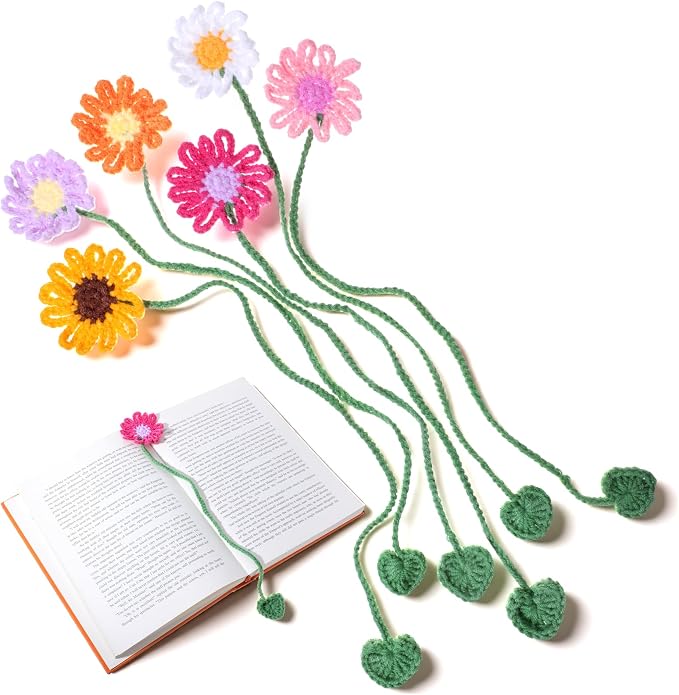 6 PCS Cute Flower Crochet Bookmarks, Cute Crochet Embroidered Sunflower Daisy Bookmark, Bookish Gifts Book Marks for Reading Women Book Lovers Teachers
