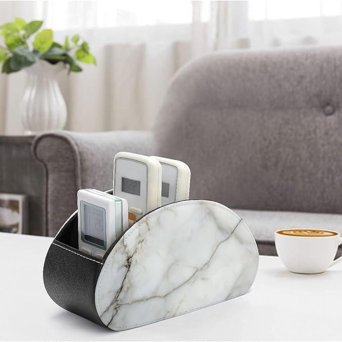 White Marble Texture with Gray Veining Remote Control Holder with 5 Compartments Leather TV Remote Caddy Remote Storage Box Desktop Organizer for Pen/TV Remotes/Media Controllers/Office Supplies