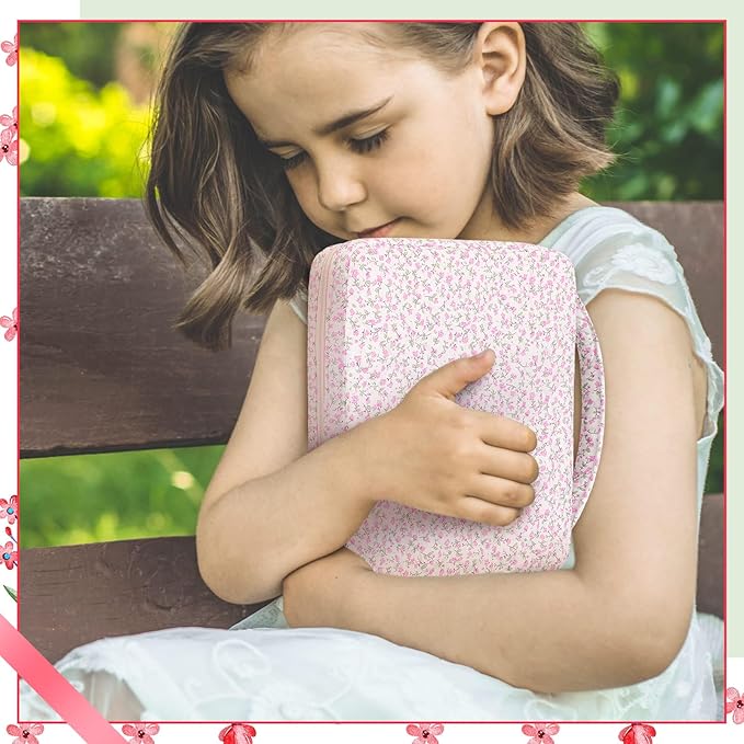 Aliceset Large Bible Cover Case for Women, Pink Floral Quilted Cotton Bible Carrying Case Organizer Bag with Handle and Zipper, for Christian Easter Gifts, Study Supplies Accessories