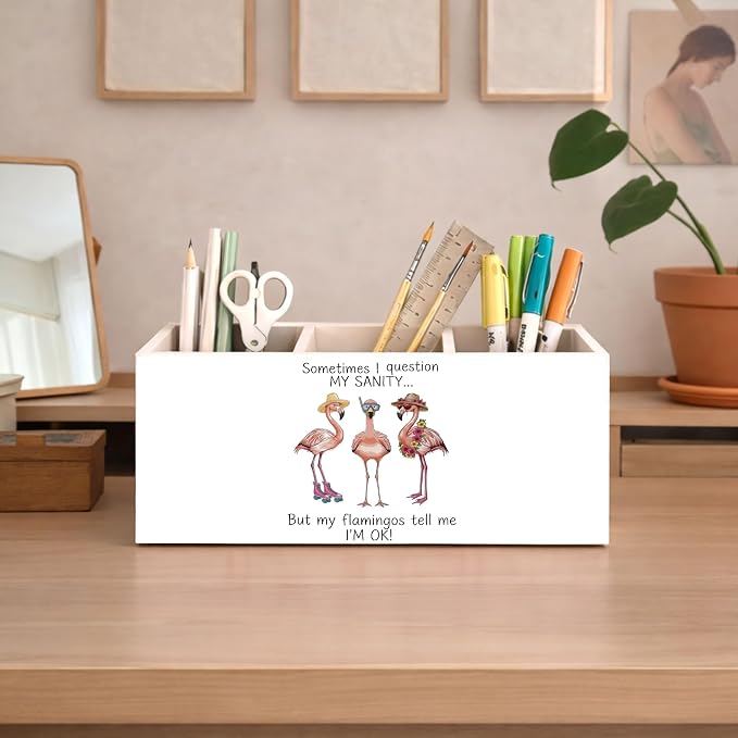 Flamingo 3-Compartment Desk Organizer, Wooden Pencil Holder for Pens, Pencils, Scissors, Ruler, Cute Flamingo-Themed Storage Box for Kids, Home & Office