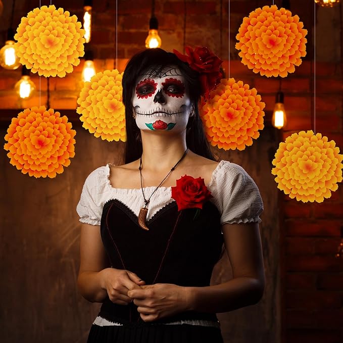TaoBary 24 Pcs Day of The Dead Decorations Marigold Flower Paper Cutouts 7.09in Dia De Muertos Party Decorations Marigold Flower Bulletin Board Decor for Mexican Halloween Classroom Altar Wall Crafts