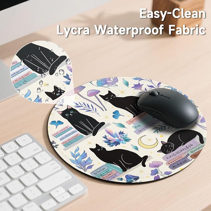 Gctriki Cute Black Cat Mouse Pad, 8.6" Round Funny Mousepad with Stitched Edge & Non-Slip Base, Comfortable Mouse Pads for Computer Laptop, Unique Office Decor & Home Desk Accessories Cat Book Lovers