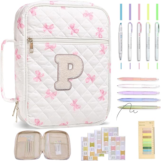 Personalized Initial Bible Cover Case for Women – Large Quilted Bible Bag with Handle, Chenille Letter, Bible Study Kit, Christian Gift for Mom, Grandma & Daughter (Pink Bow-P)