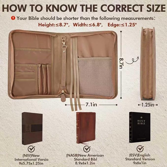 Bible Cover Case, Portable, Leather Carrying Case with Handle&Zippered Pocket for Standard Size and Bible Accessories, Small Bible Bag, Ideal Gift for Women Men Lady Girls