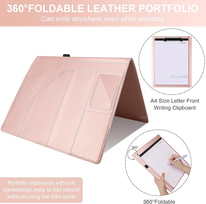 Clipboard Padfolio with Storage Pocket, Clipboard Folder Portfolio Organizer, 360 Degree Foldable Clipboards with Refillable Notepad,Faux Leather Padfolio Organizer for Office School Supplies-Pink